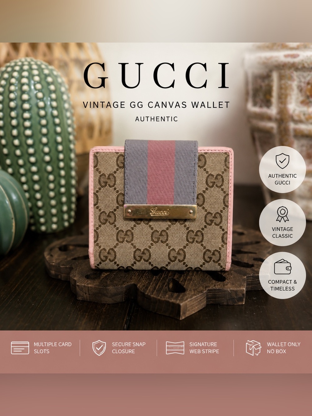 Gucci Vintage GG Canvas Wallet in Pink Trim with Web Stripe